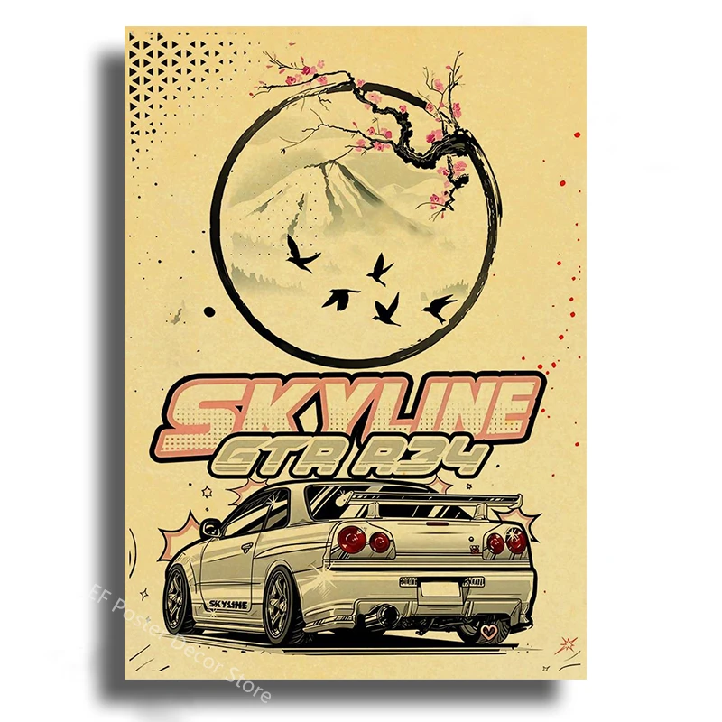 Plakat z japońskim samochodem JDM w stylu samurai żółty