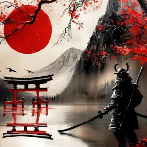 Japoński plakat tuszem góra, sakura i smok By 10