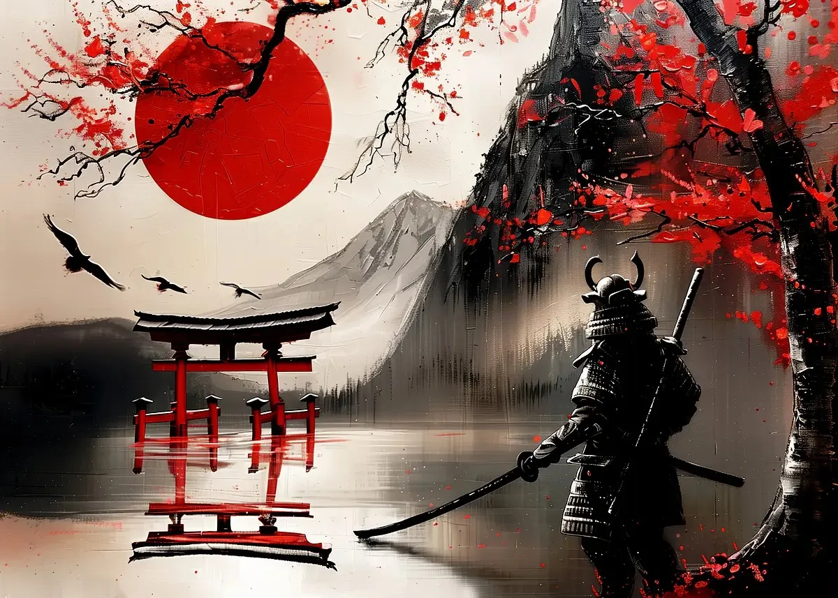 Japoński plakat tuszem góra, sakura i smok By 10