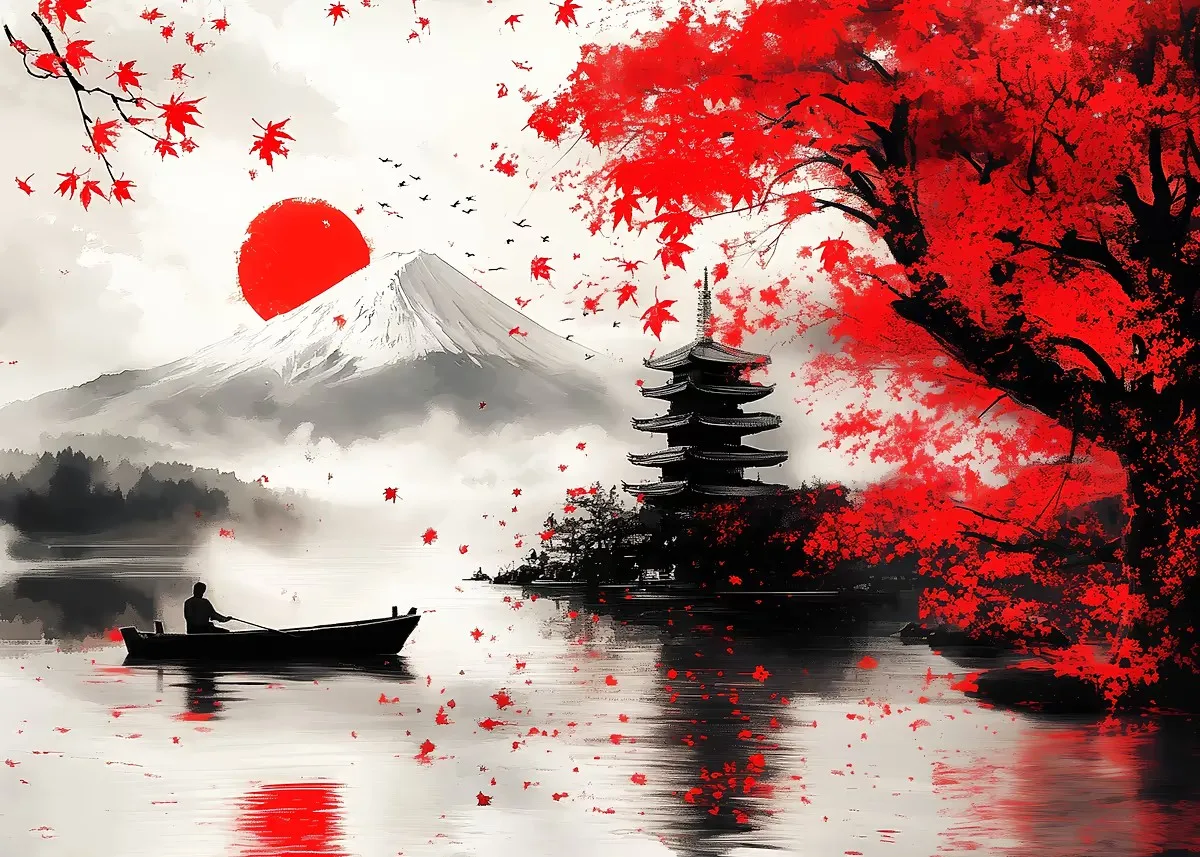 Japoński plakat tuszem góra, sakura i smok By 13