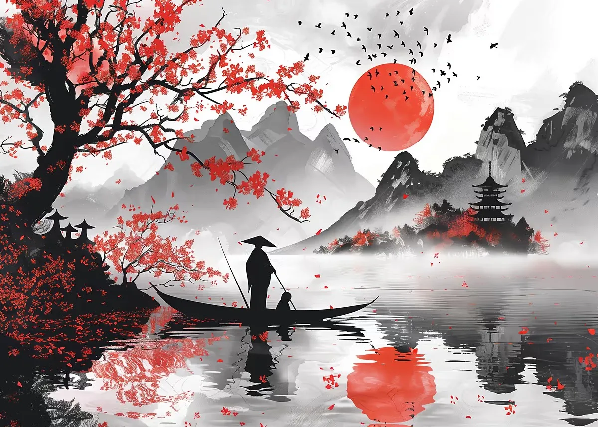 Japoński plakat tuszem góra, sakura i smok By 2