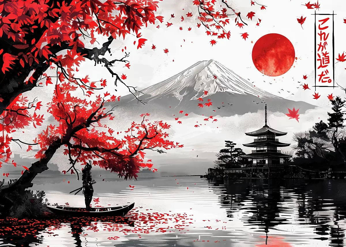 Japoński plakat tuszem góra, sakura i smok By 3