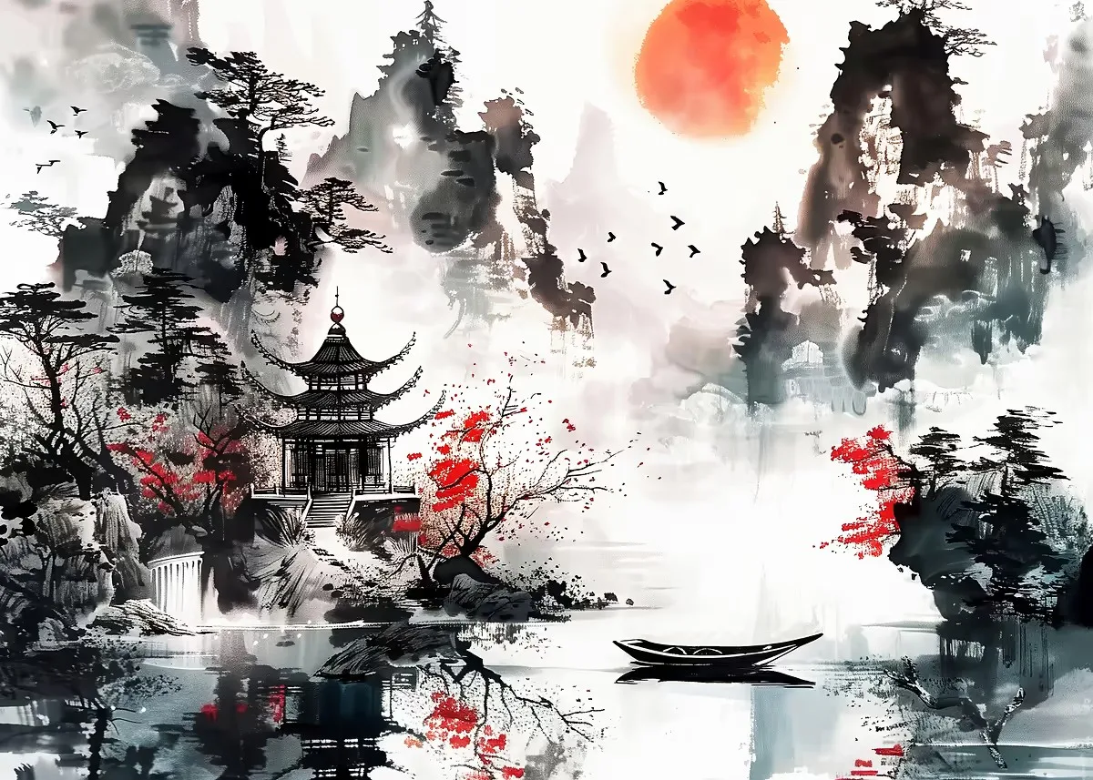 Japoński plakat tuszem góra, sakura i smok By 5