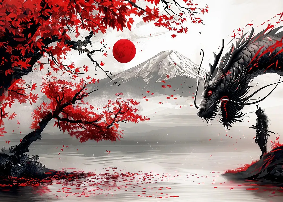 Japoński plakat tuszem góra, sakura i smok By 6