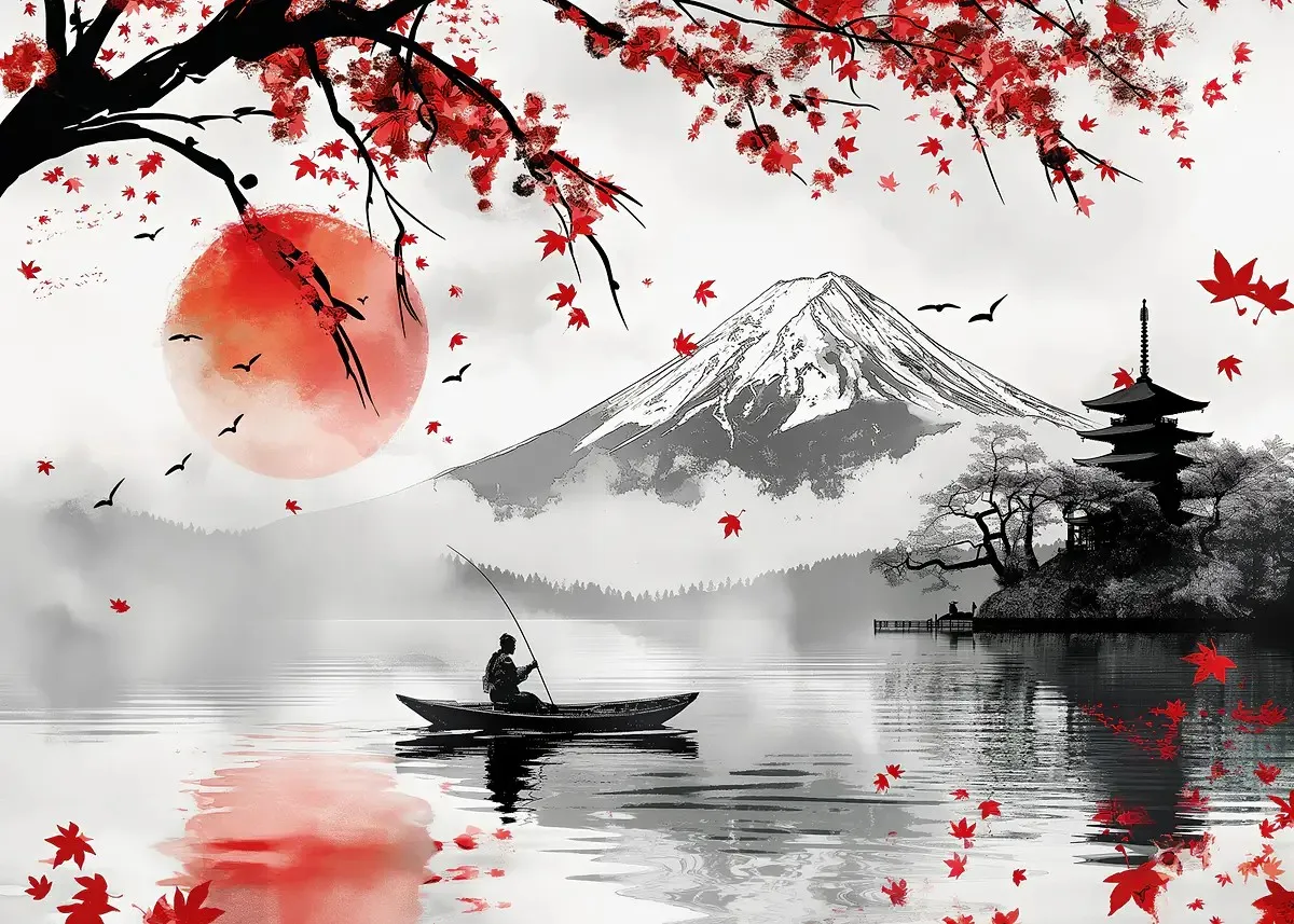 Japoński plakat tuszem góra, sakura i smok By 7