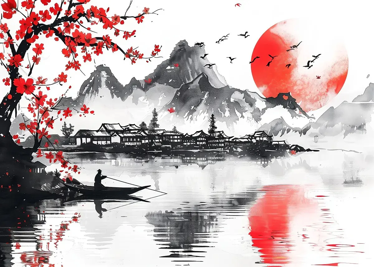 Japoński plakat tuszem góra, sakura i smok By 8