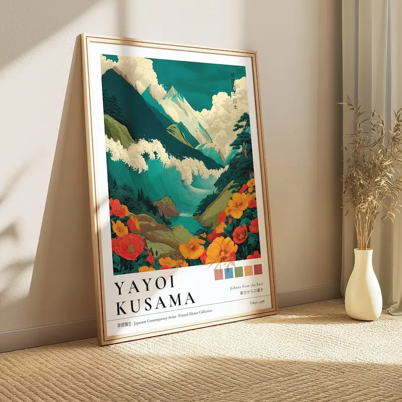 Plakat japoński w stylu Yayoi Kusamy - rafa koralowa i góra Fudżi Wzór 4