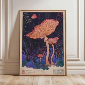 Plakat japoński żuraw ukiyo-e z czerwonym słońcem Jasny