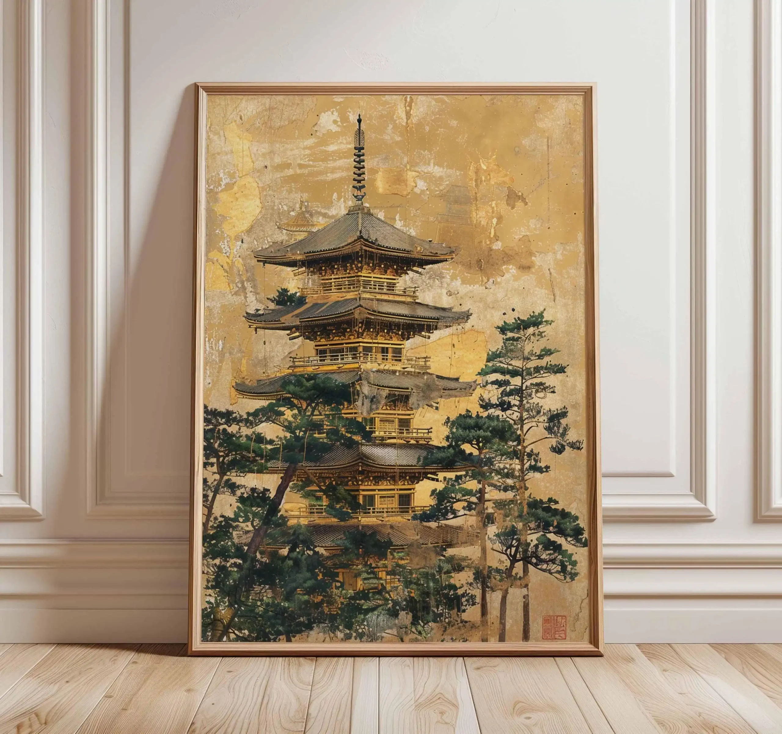 Plakat japoński żuraw ukiyo-e z czerwonym słońcem Wielo