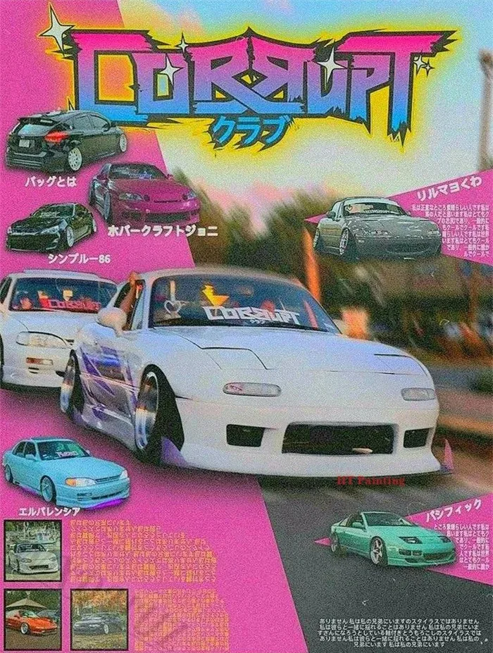 Plakat japońskie auta JDM w stylu retro lat 80. Wzór 2