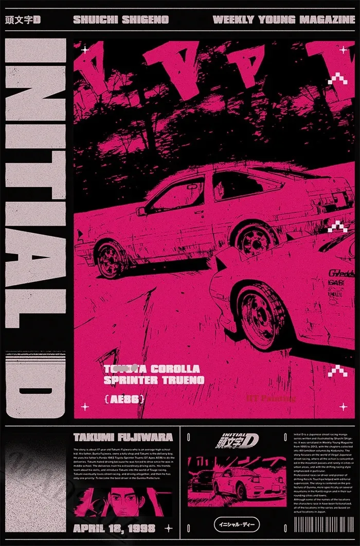 Plakat japońskie auta JDM w stylu retro lat 80. Wzór 8