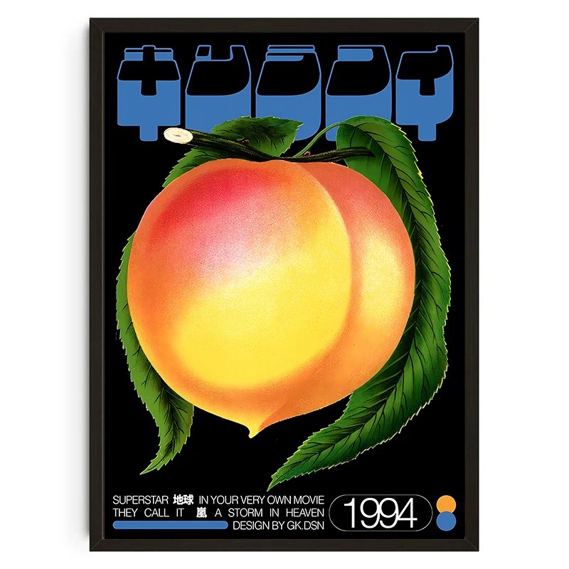 Plakat japońskie róże i owoce - mid century Pomarańczowy