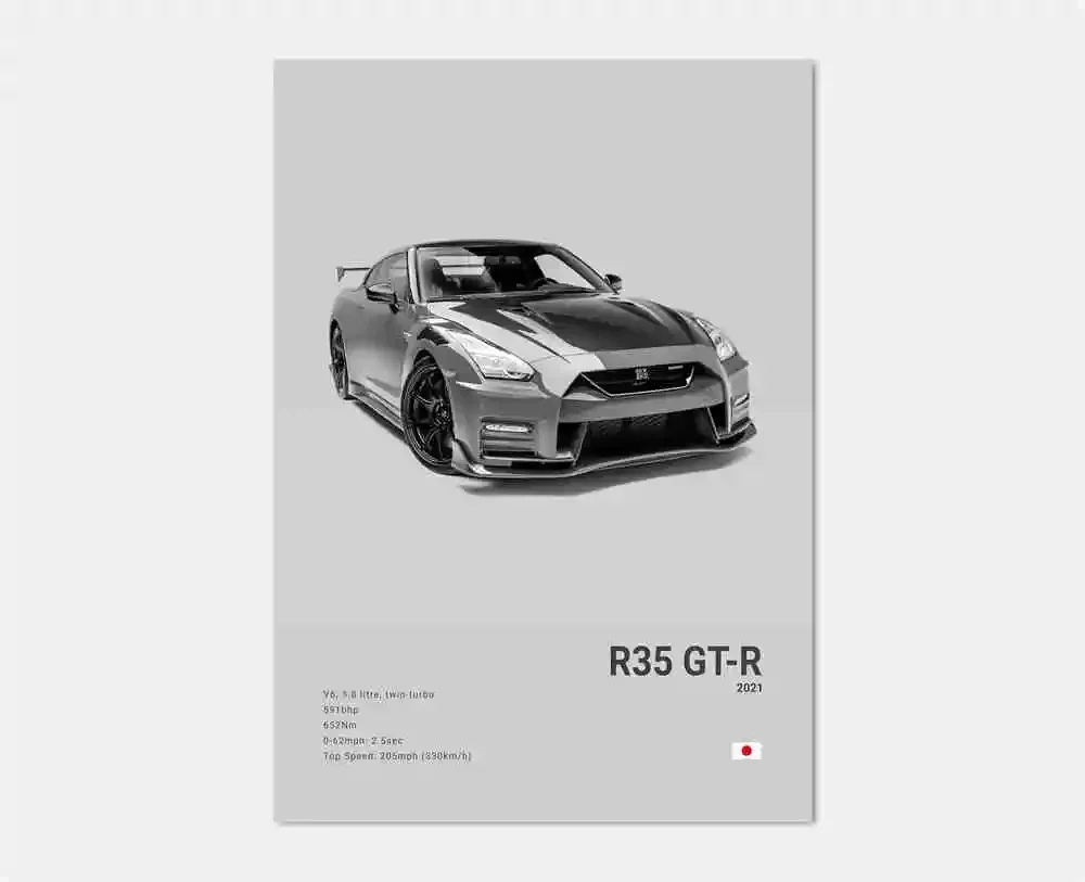 Plakat japońskie samochody JDM Nissan GTR czarno-biały Wzór 6