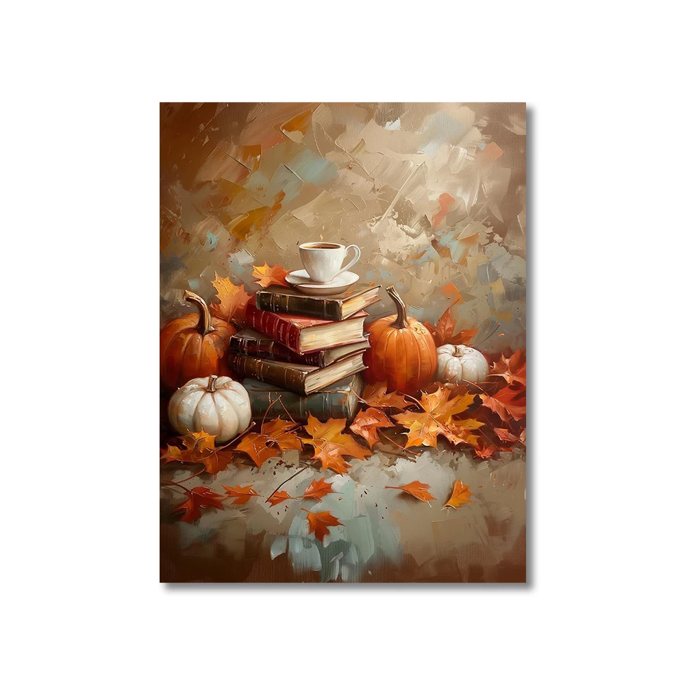 Plakat Jesienne Liście i Dynie - Płótno Granatowy