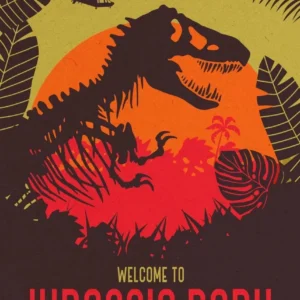 Plakat Jurassic Park retro ilustracja Biały
