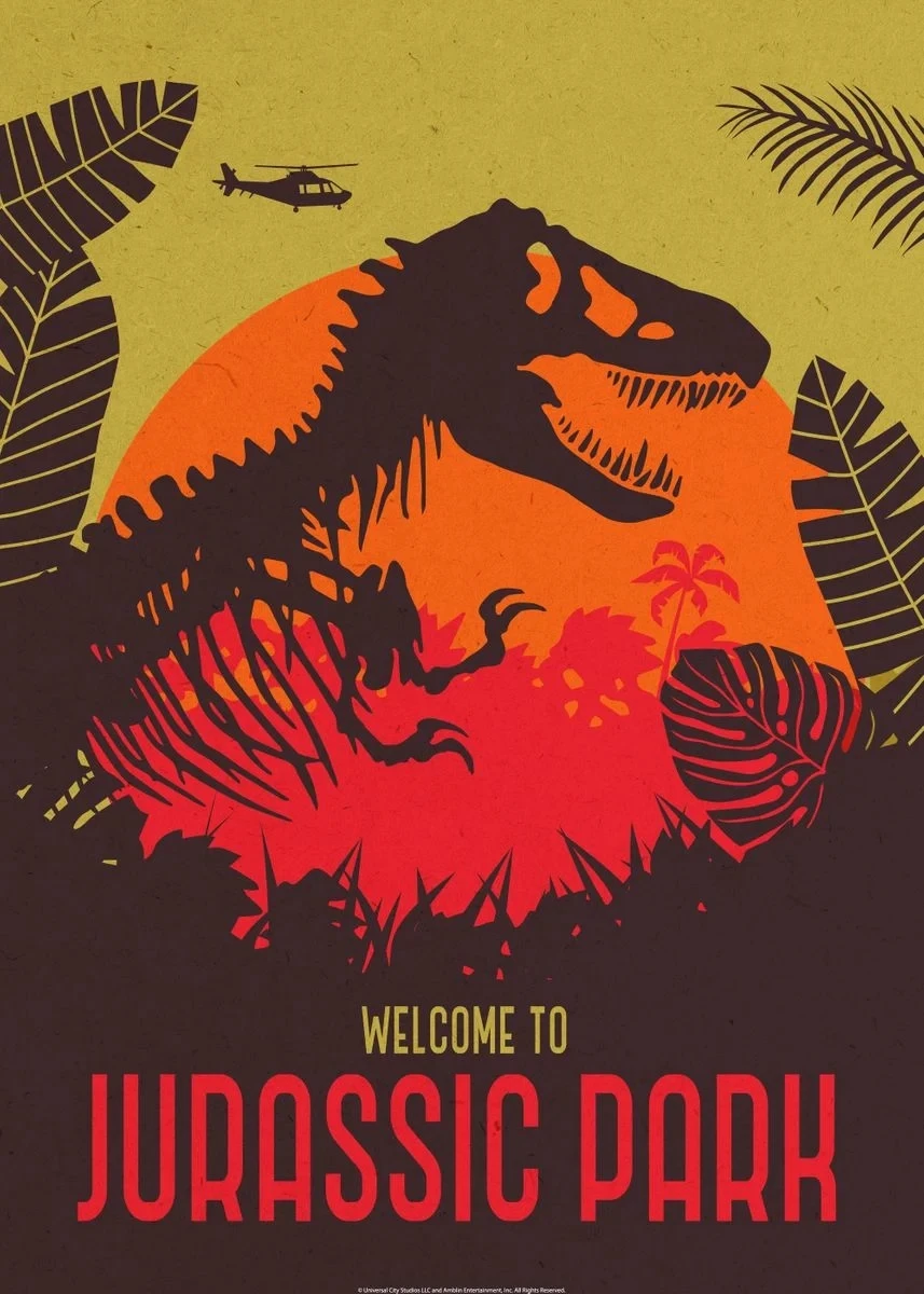 Plakat Jurassic Park retro ilustracja Biały