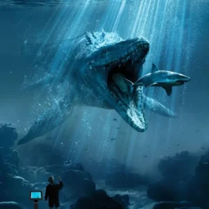 Plakat Jurassic World dinozaur Velociraptor Czerwony