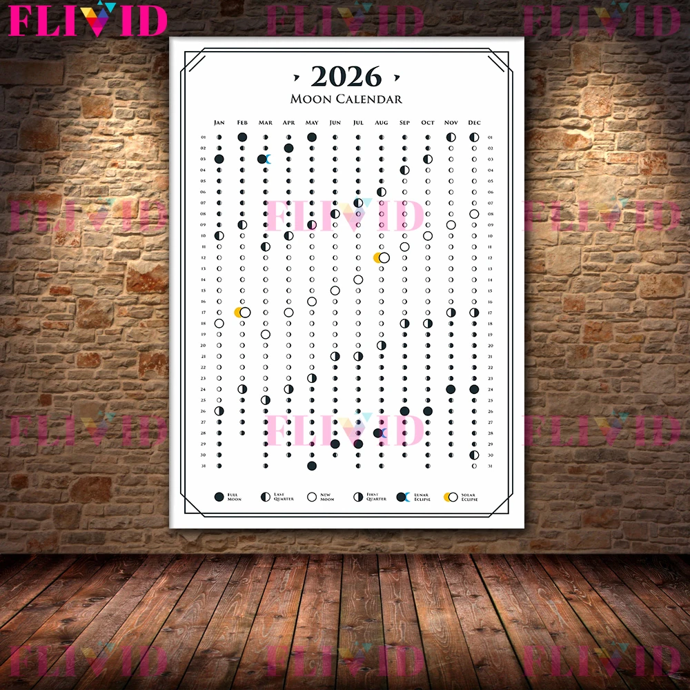 Plakat Kalendarz Księżycowy 2026 z Fazami Księżyca Biały