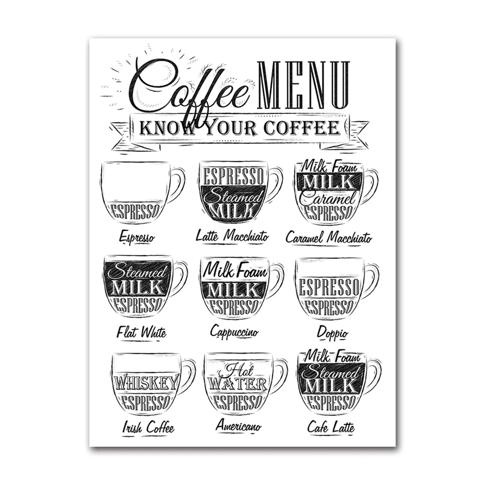 Plakat Kawa Menu czarno-biały w stylu skandynawskim Wzór 4