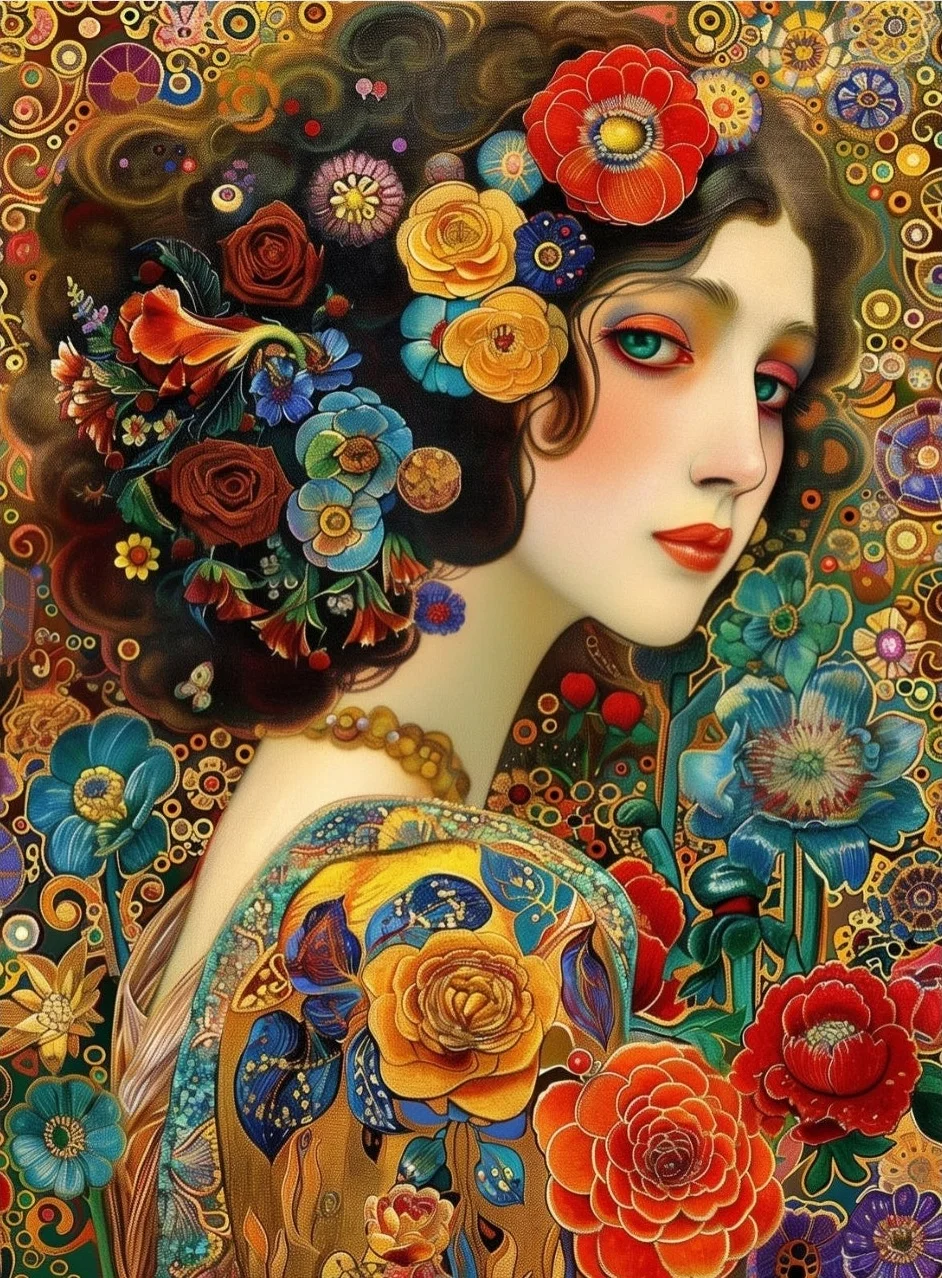 Klimt - Kobieta z kotem nocą, plakat na płótnie Ciemny szary
