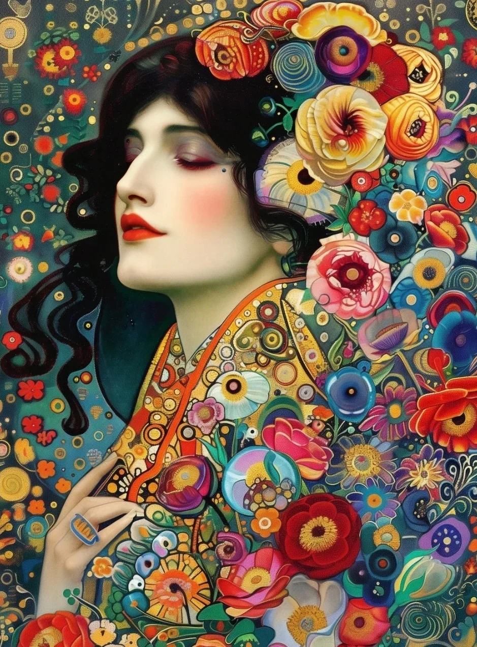 Klimt - Kobieta z kotem nocą, plakat na płótnie Fioletowy/фиолетовый