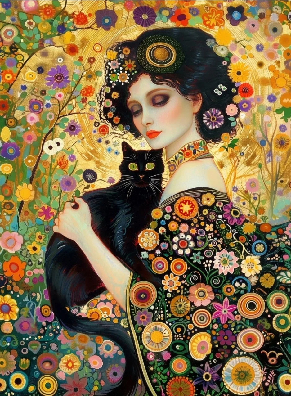Klimt - Kobieta z kotem nocą, plakat na płótnie Pomarańczowy