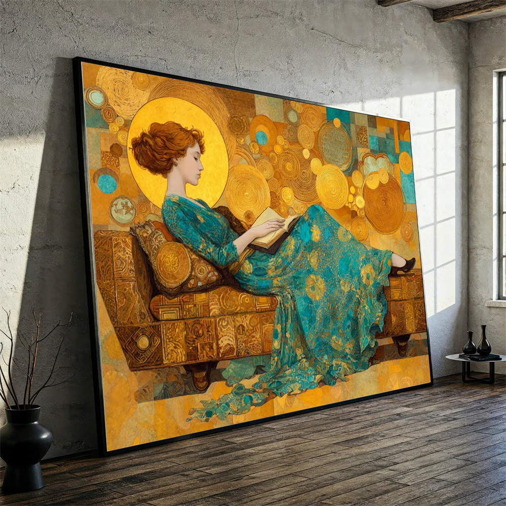 Plakat Gustav Klimt - Leżąca kobieta w kwiatowej sukni Fioletowy