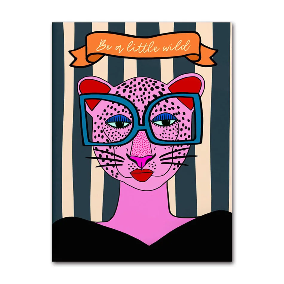 Plakat kobieta z lampartem kolorowy boho żółty