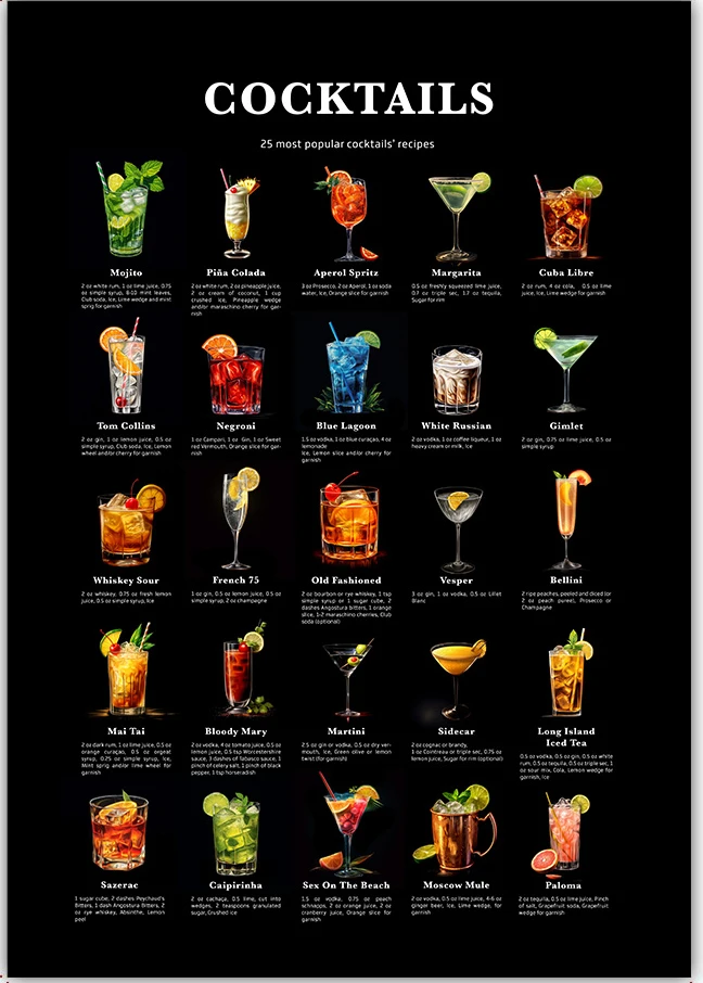 Plakat Koktajle - grafika z drinkami do baru Biały