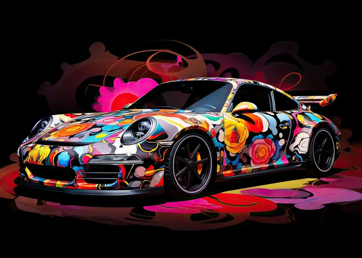 Plakat kolorowe samochody w stylu pop graffiti Fioletowy