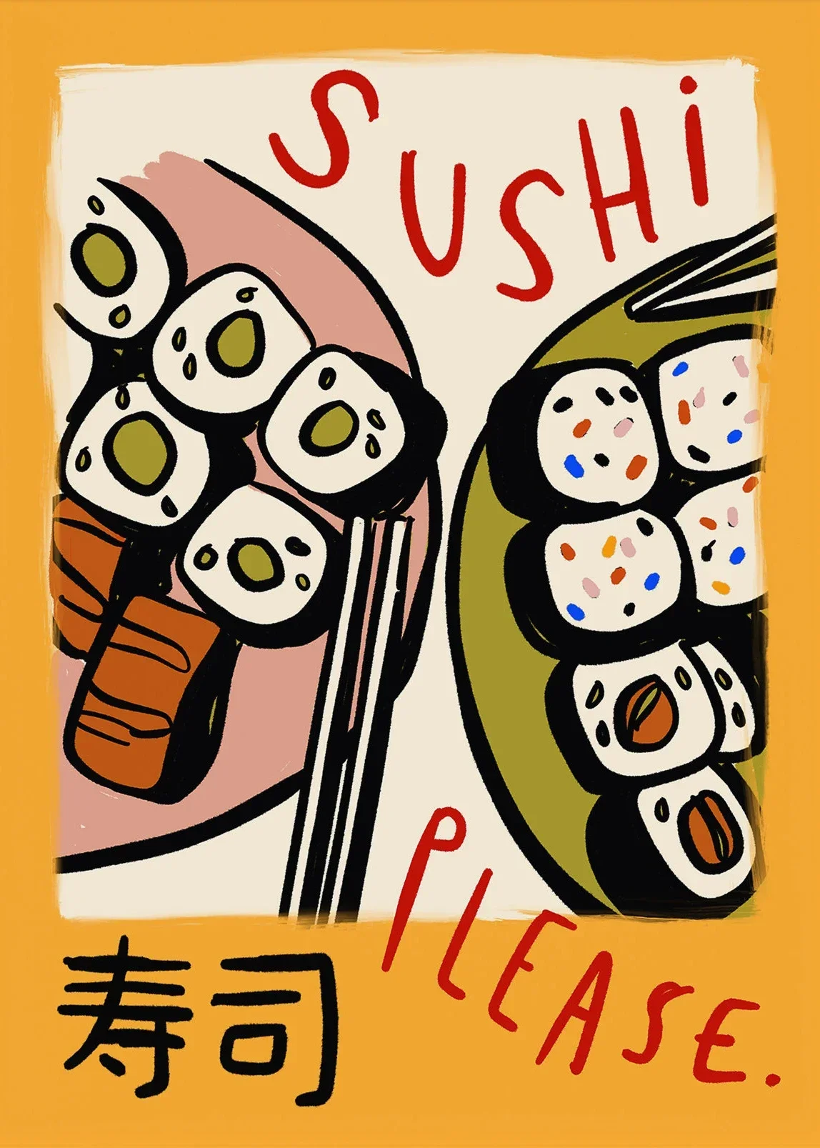 Plakat kolorowe smaki kawa i sushi do kuchni Granatowy