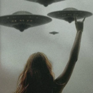 Plakat kosmos UFO astronauta sci-fi vintage Jasnożółty