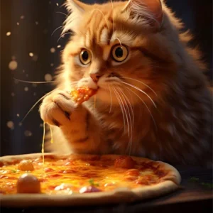 Kot jedzący pizzę - zabawny plakat na płótnie Czerwony