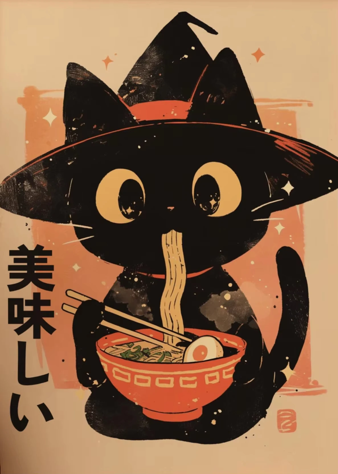Plakat kot jedzący ramen do kuchni Wzór 2