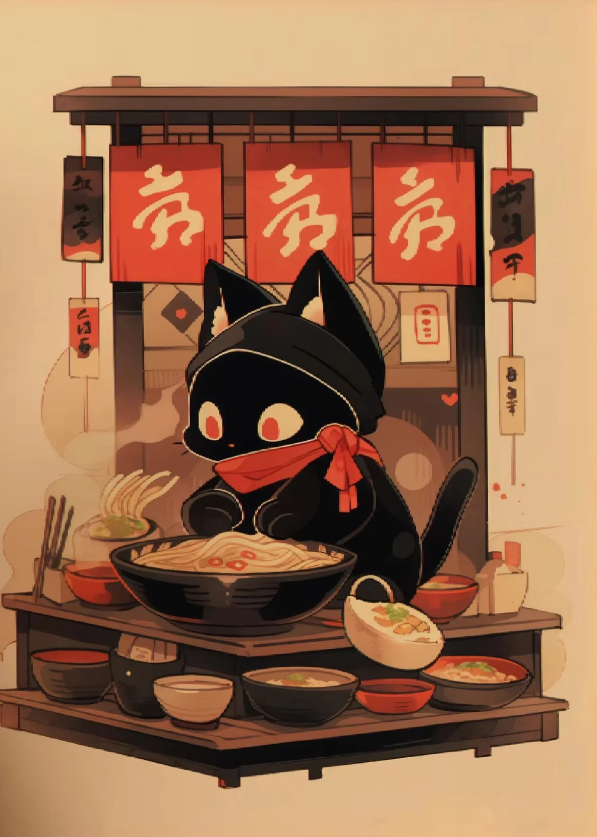 Plakat kot jedzący ramen do kuchni Wzór 4