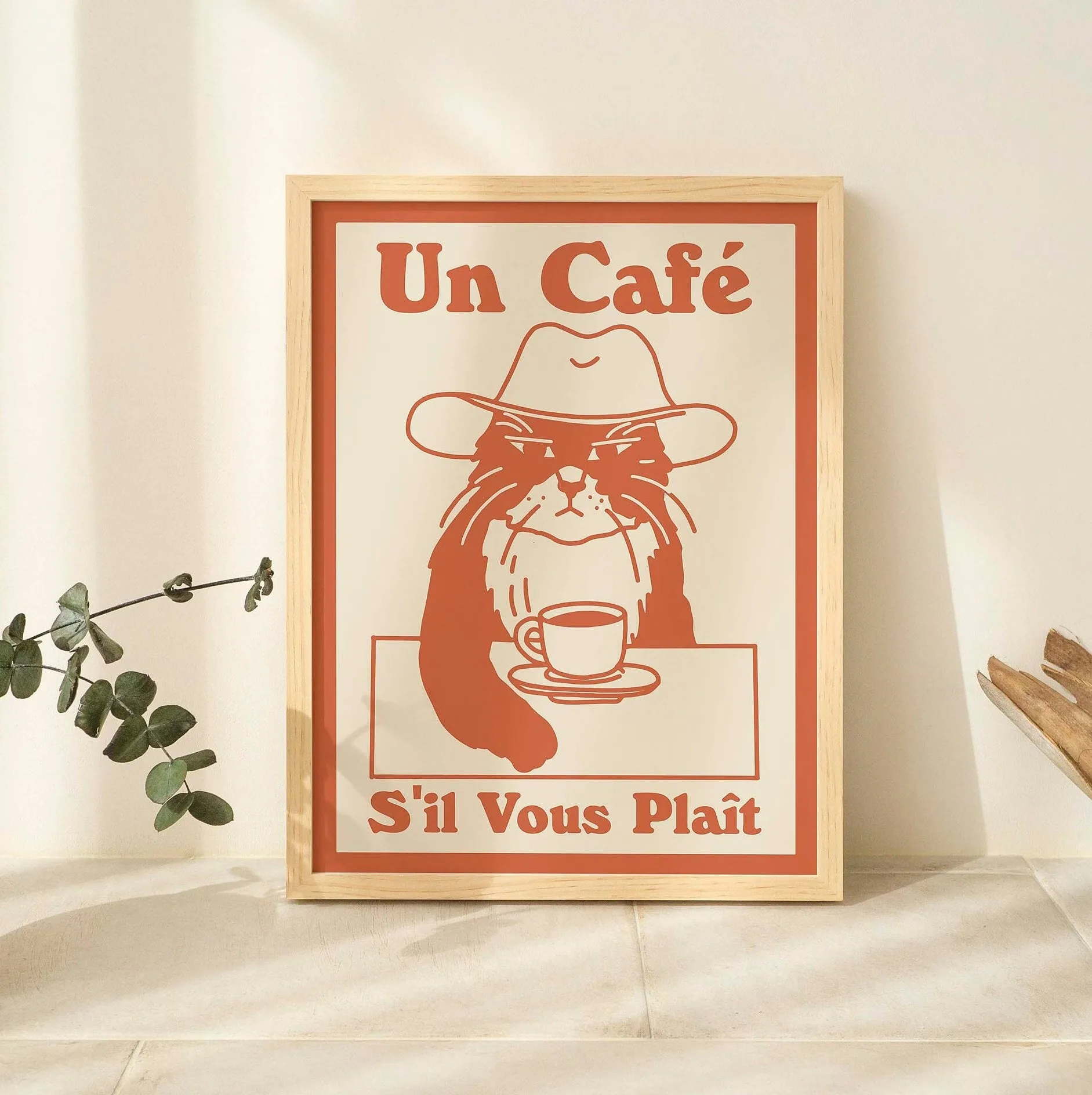 Kot i spaghetti - retro plakat do kuchni Brązowy