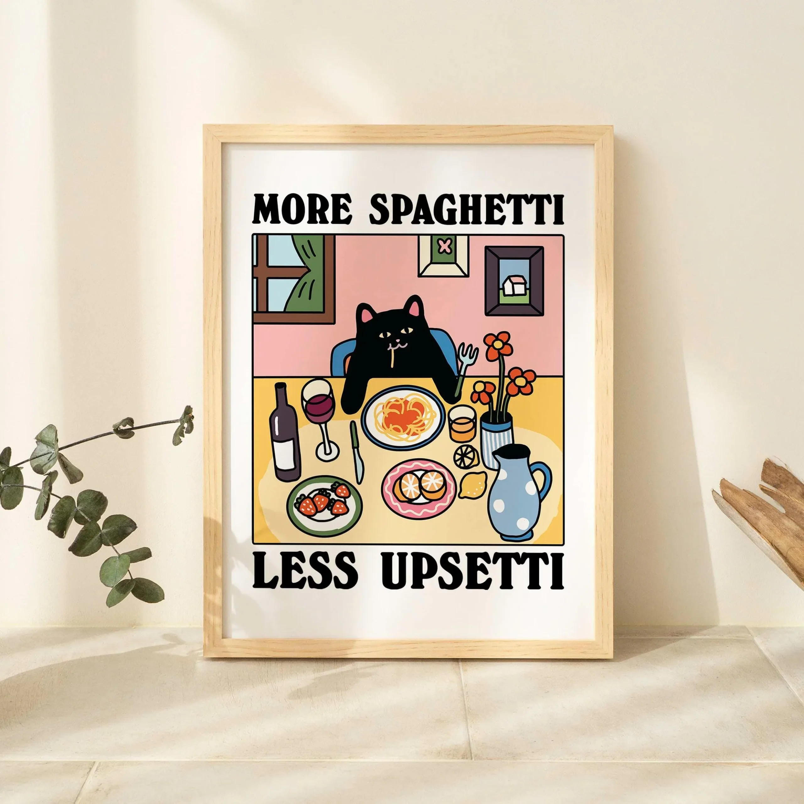 Kot i spaghetti - retro plakat do kuchni żółty