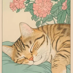 Plakat kot w wannie japoński vintage do łazienki Zielony
