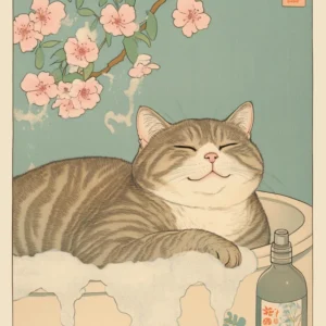 Japoński kot tabby w wannie - plakat retro Wzór 1
