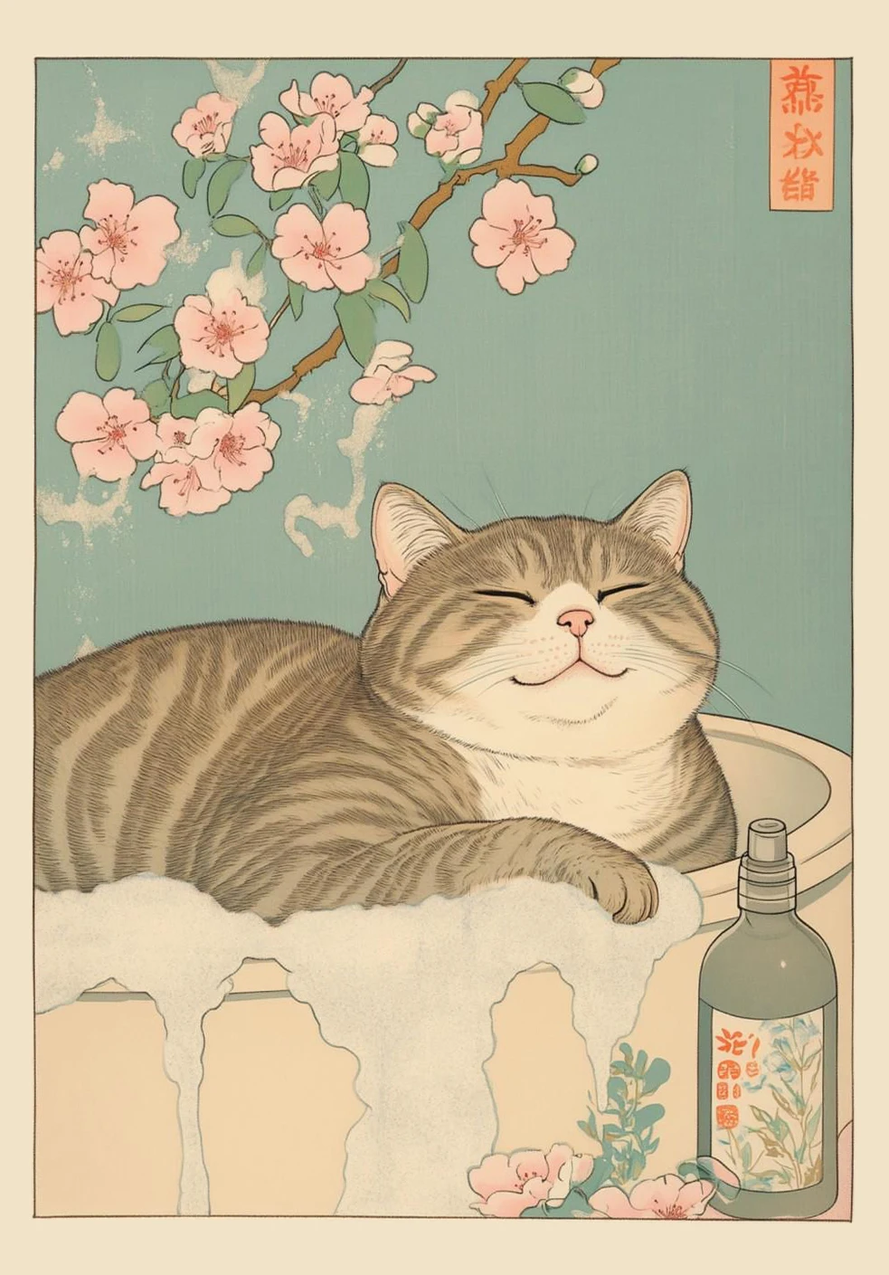 Japoński kot tabby w wannie - plakat retro Wzór 1