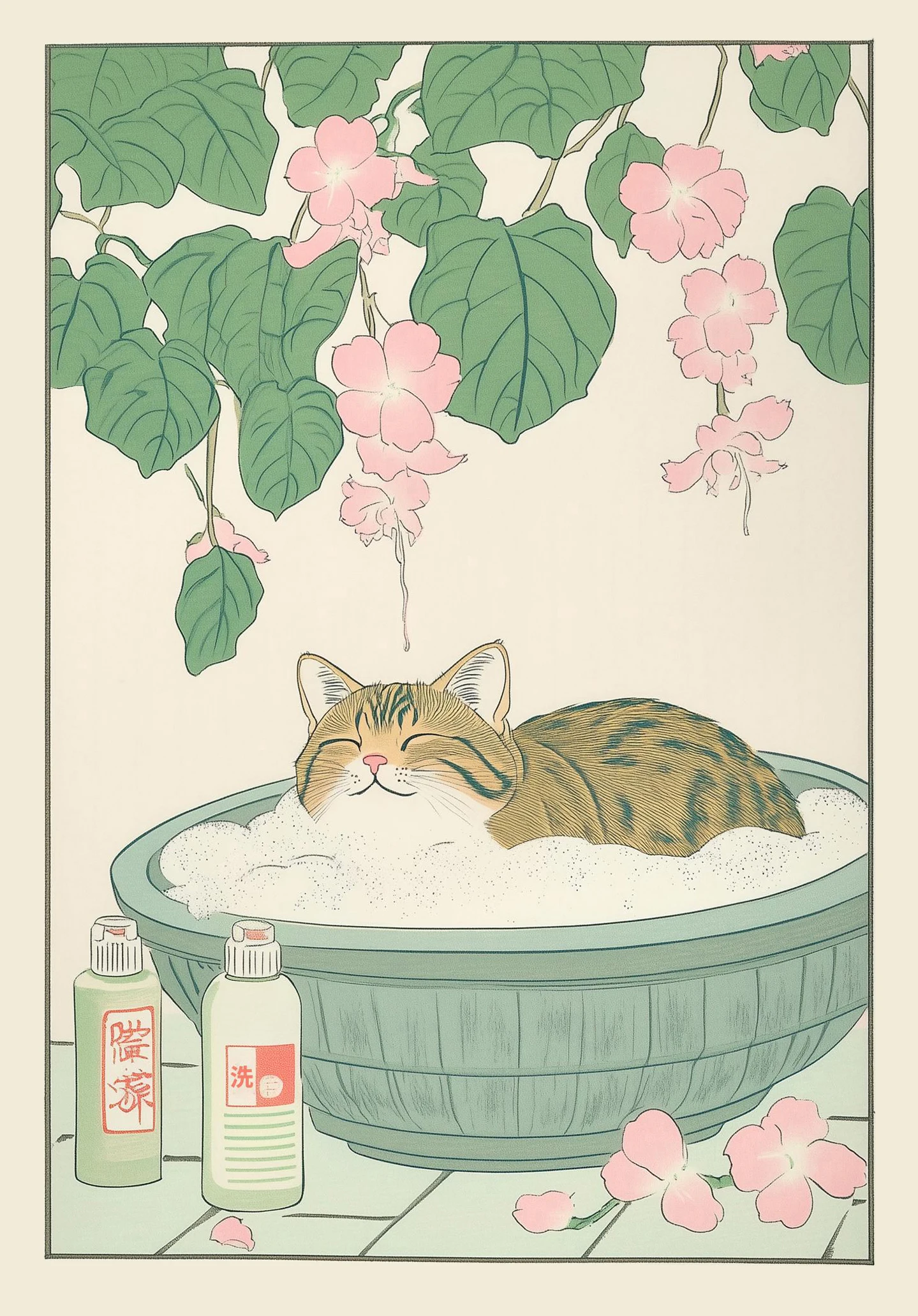 Japoński kot tabby w wannie - plakat retro Wzór 3