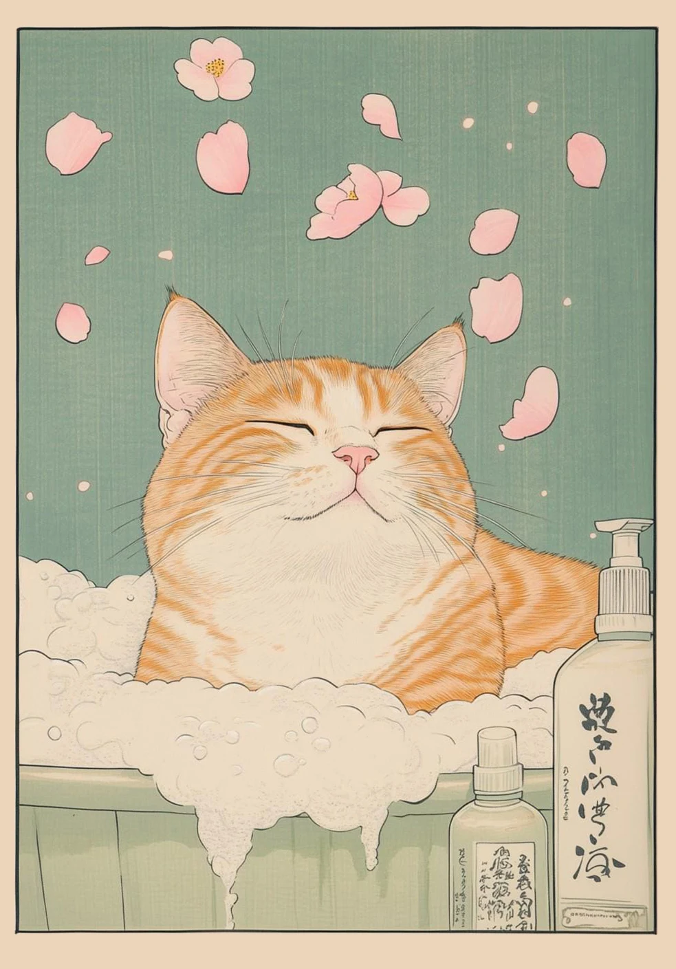Japoński kot tabby w wannie - plakat retro Wzór 4