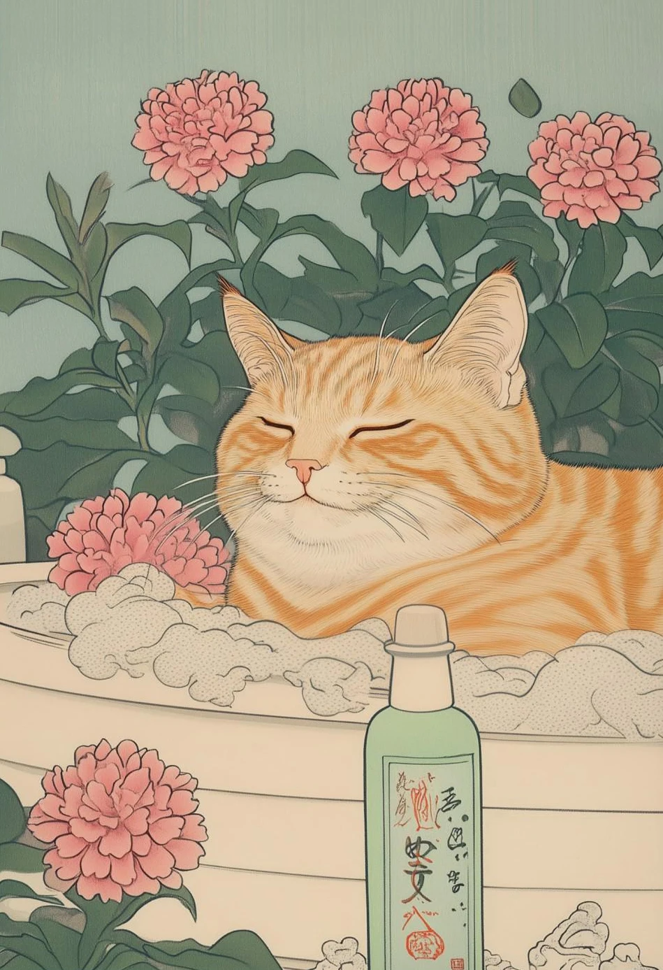 Japoński kot tabby w wannie - plakat retro Wzór 6