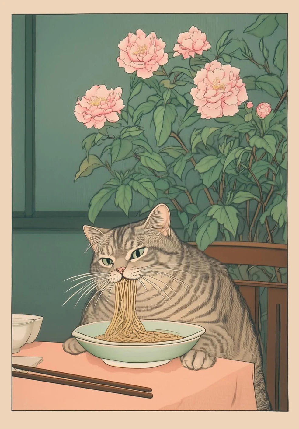 Japoński kot tabby w wannie - plakat retro Wzór 7
