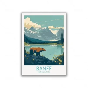 Plakat krajobraz - jezioro i sekwoje w stylu retro Wzór 1