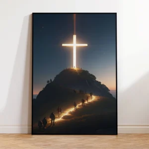 Plakat z krzyżem na szczycie gór Biały