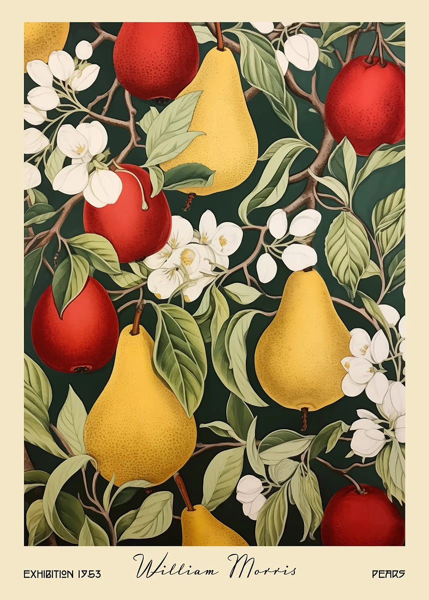 Plakat z owocami i warzywami w stylu William Morris Armijna zieleń