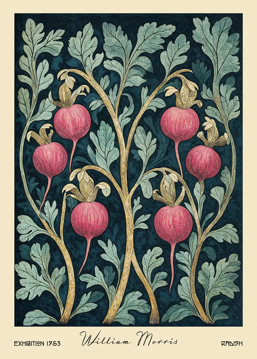 Plakat z owocami i warzywami w stylu William Morris Biały