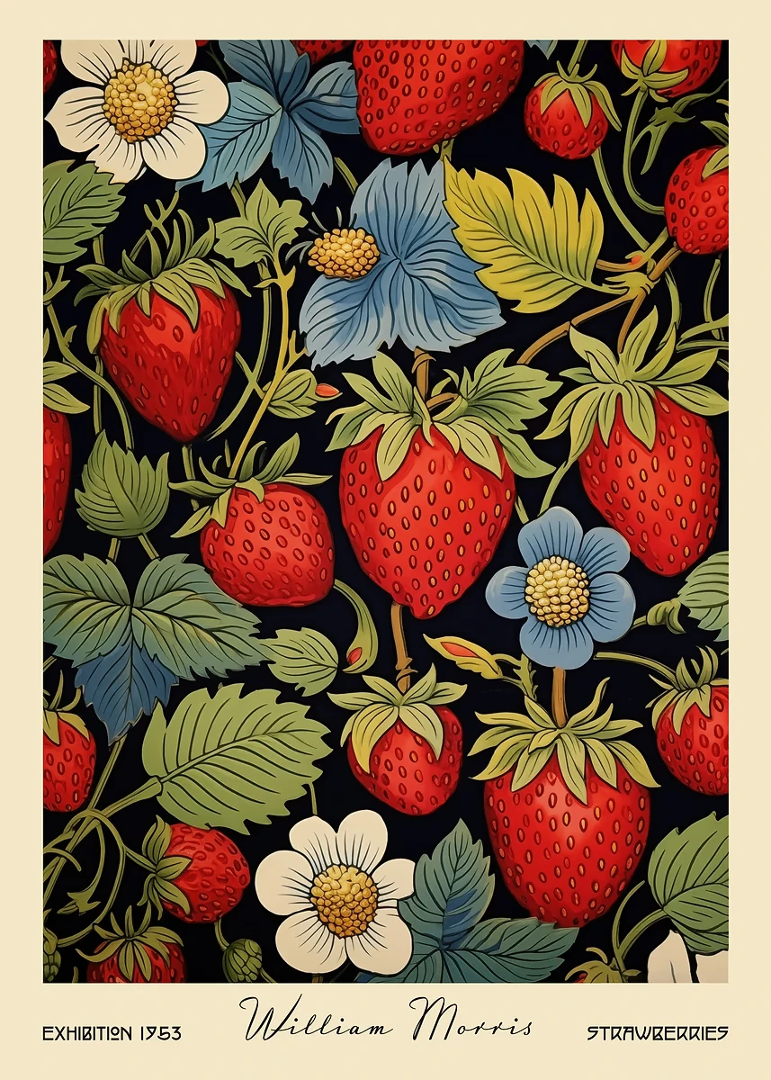 Plakat z owocami i warzywami w stylu William Morris Błękitny