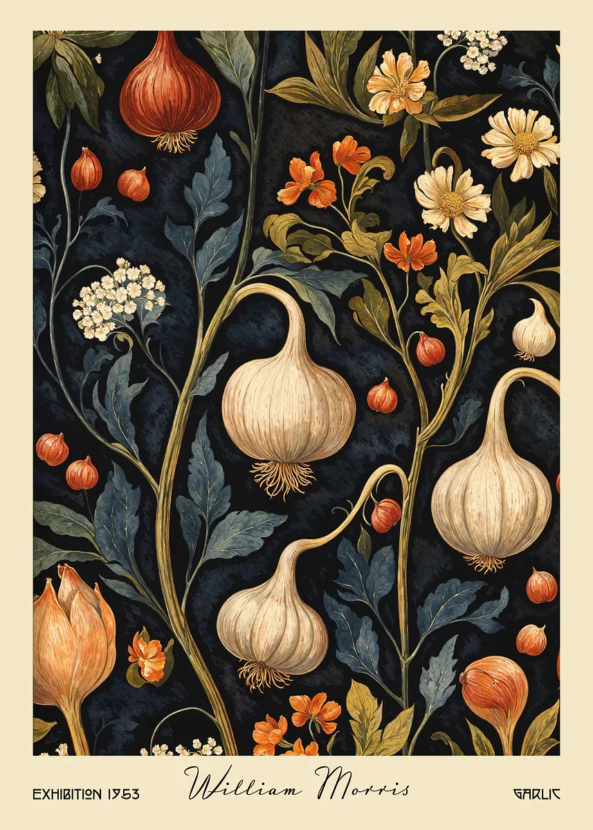 Plakat z owocami i warzywami w stylu William Morris Khaki